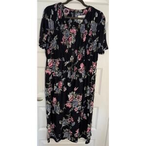 Vintage S.L. Petites Navy Floral Smocked Dress Size 16 Midi USA Cottagecore